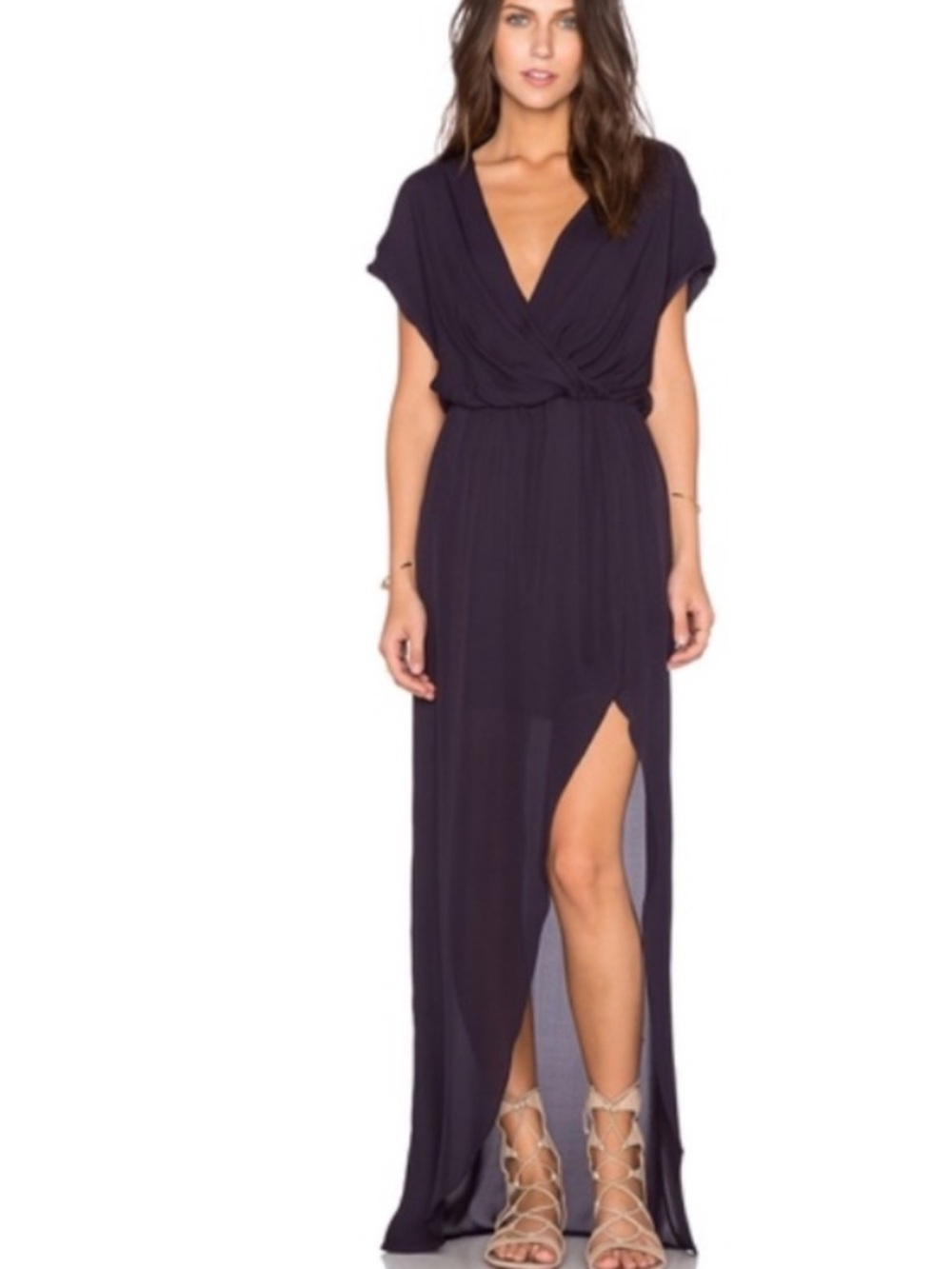 Maid by Yifat Oren for Rory Beca 100% Silk Dark Blue Surplice Neck Maxi Dress S